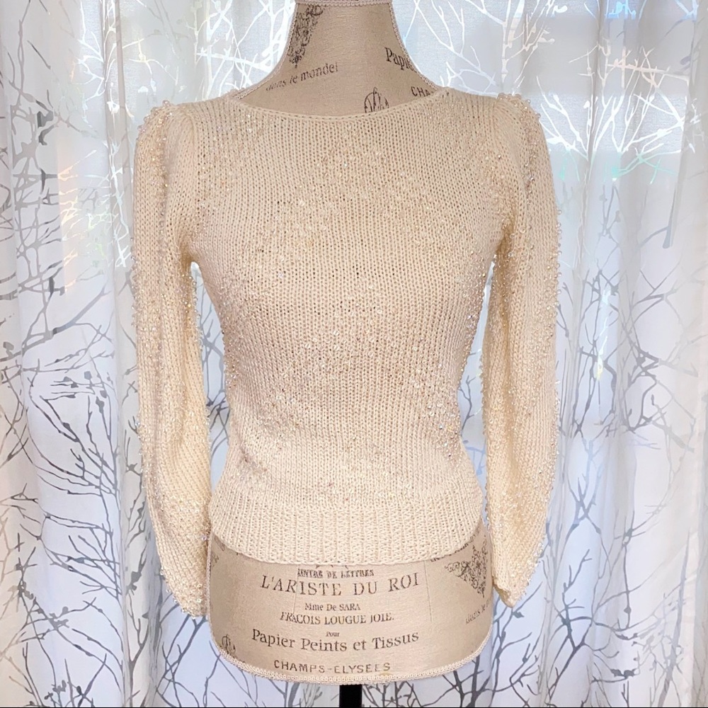 Vintage Nannell white cream clear round beaded beading stripes knit sweater top